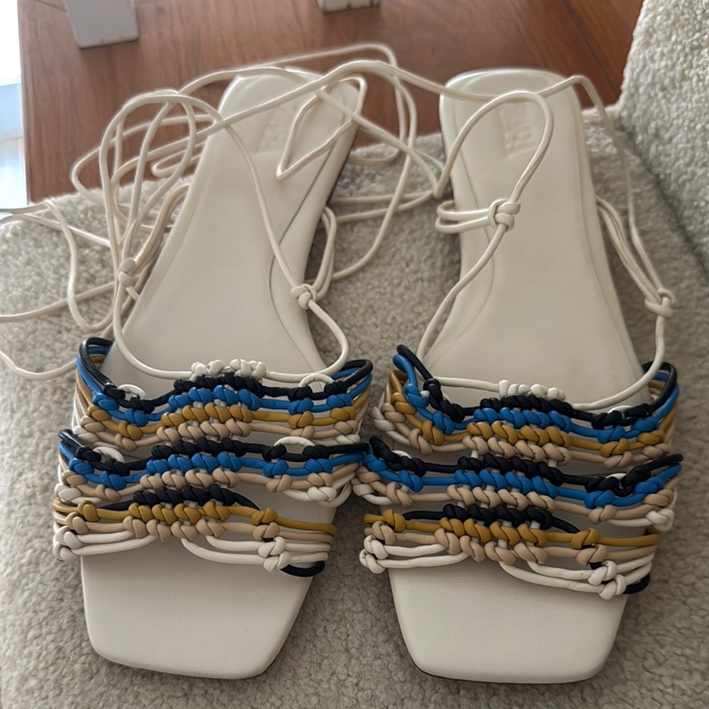 Zara Women’s Strappy Woven Square-Toe Sandals in White with Blue & Gold Accents